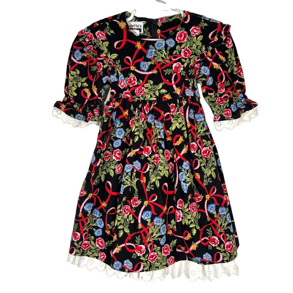 Vtg Bernadette's Biscotti Neiman Marcus Girls Ruffled Floral Dress 24M Black